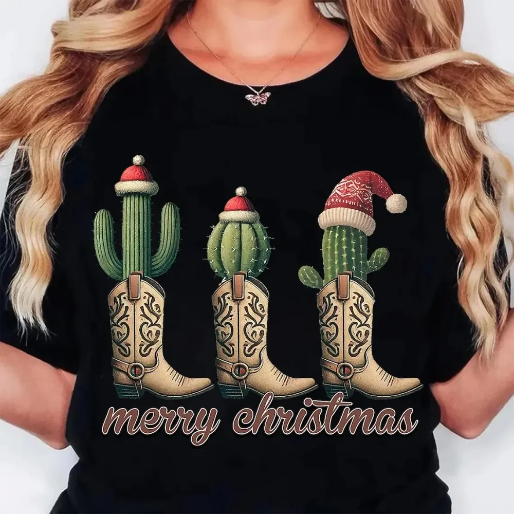 Boots Christmas Shirts Western Cowgirl Holiday Tee Casual Short Sleeve Top Women's Clothing Cartoon Street-wear Y2k Clothes