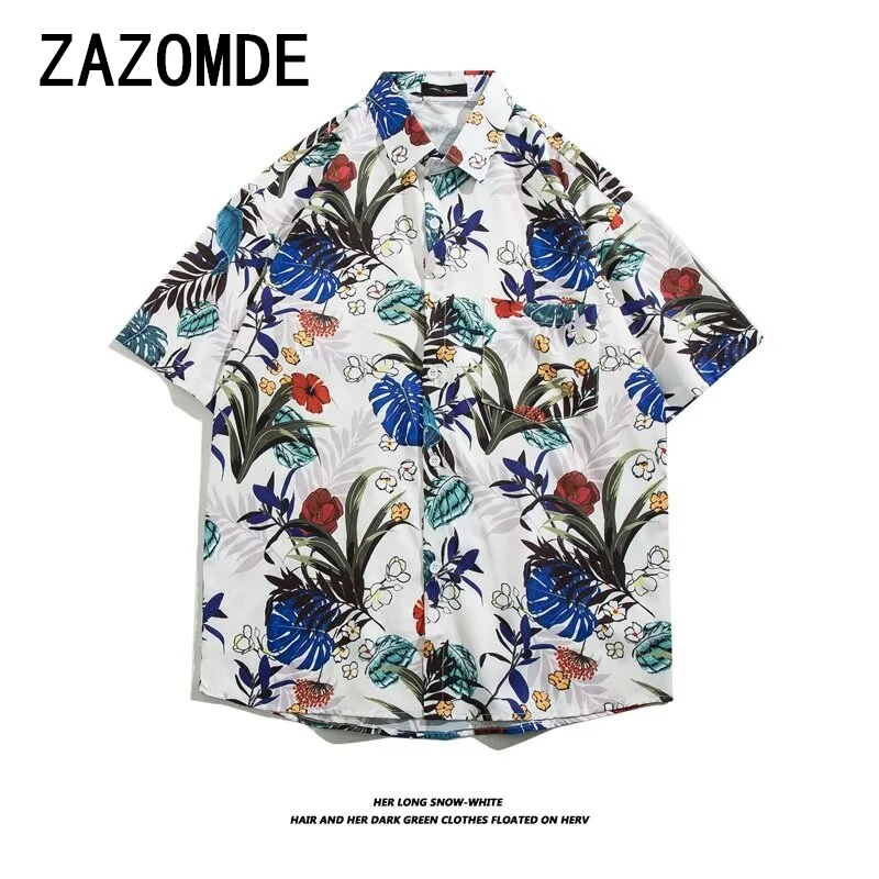 ZAZOMDE Ethnic Style Lapel Shirt Printed Man Casual Fashion Short Sleeves Shirts Hawaiian Streetwear Oversized Unisex Clothing
