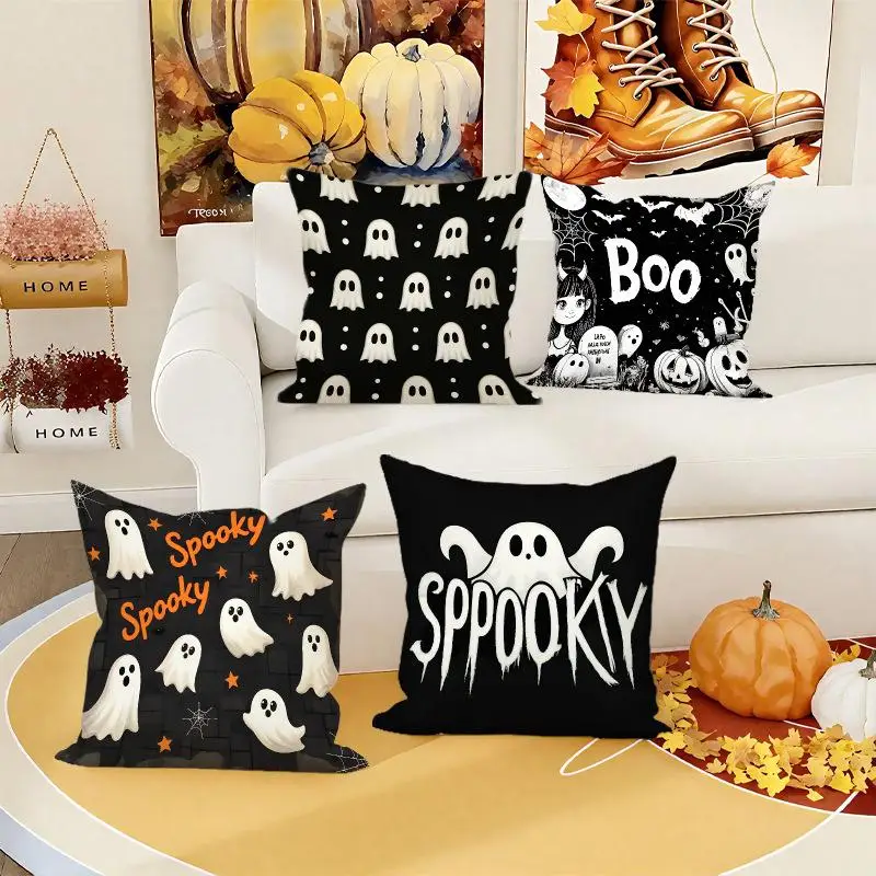 1pcs Classic Halloween Ghost Print Pillow Cover Scary Pumpkin Bat Pattern Decorative Cushion Case for Home Sofa Decoration