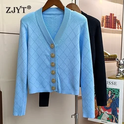 ZJYT Elegant Women's Cardigan Coat V Neck Long Sleeve Knitting Sweaters Autumn Winter Tops Female Jersey Mujer 2024 New Fashion