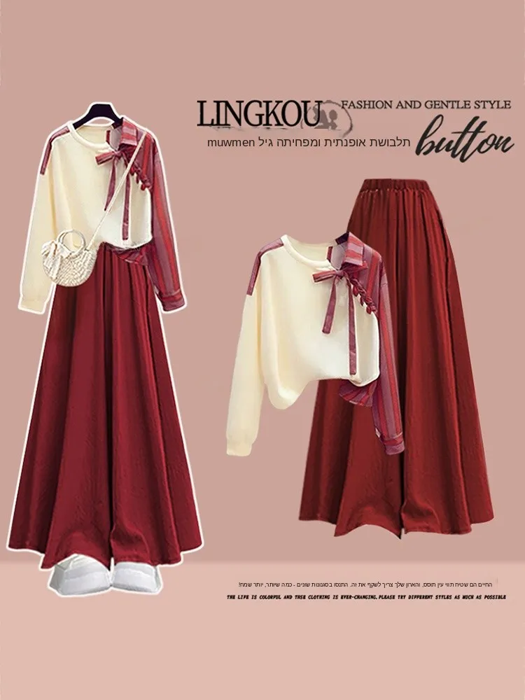 

Fall Season Women's Fashion Set Elegant Tied Vintage Top High Waist Slimming Skirt Pants Two-Piece Set Stylish Age-Defying