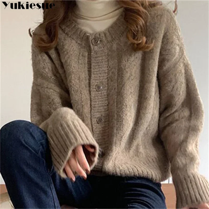 2023 الخريف الشتاء الطبعة الكورية المرأة أزرار فضفاضة حتى متماسكة سترة دافئة سترة معطف الصلبة طويلة الأكمام المرأة سترة غير رسمية