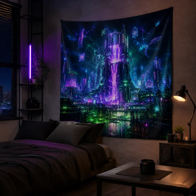 VIKAMA “Future Neon City” Tapestry, Waterfall Skyscraper Wall Hanging, Cool Cyber City Print Wall Hanging, Home Decor