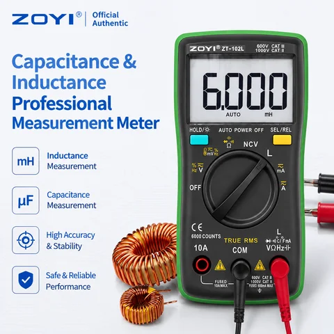 ZOYI 102L High Precision Inductance Meter & Multimeter Tester, True RMS, 6000 Counts, 60H, AC/DC Current/Voltage Tester