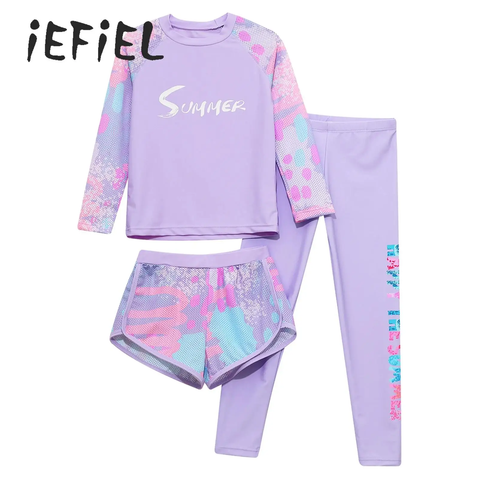 Swimsuit Swimwear for Teen Girl 3Pcs Rash Guard Set Sun Protection Long Sleeve Tops Shorts Legging Outfit for Beach Bathing Suit