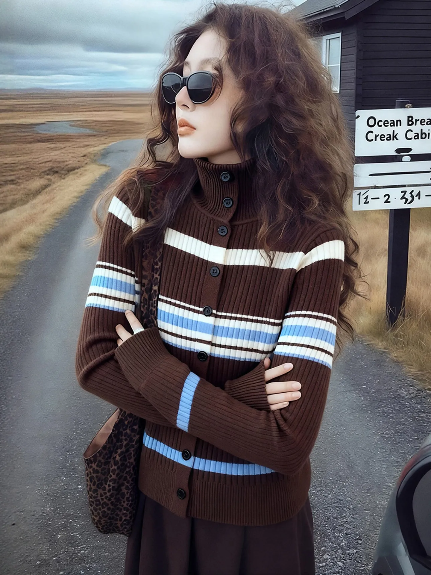 

Ele Retro Color Blo Striped f High Ne Knitted Sweater Women's Spring Autumn Slim Soft Versatile Chic Top