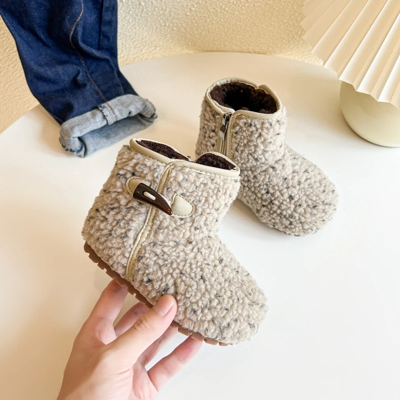 Children Winter Horn Button Short Boots Girls Lamb Fashion Fluffy Fur Shoes Boys Fleece Boots Warm Snow Boots Trend Versatile