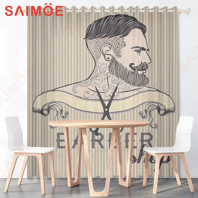 3D American Style Men's Beauty Salon Curtain Comb Scissors Thin Polyester Fabric Barbershop Bedroom Custom Decoration with Hooks