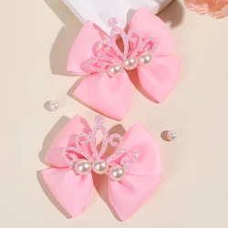 2pcs Girls Hair Bow Clips ,Shining Crown & Faux Pearl Decor Hairpins ,Pink Satin Ribbon Alligator Clips Hair Accessoreis