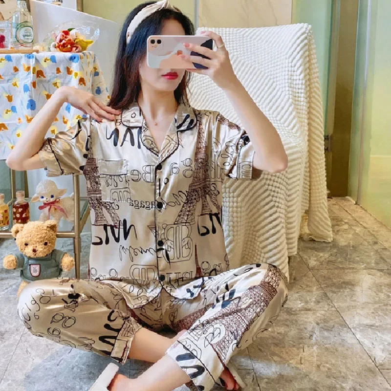 

Женская пижама большого размера, шелковая с короткими рукавами, школьная одежда для сна для пожилых людей с золотой башней, кардиган с лацканами, женская домашняя одежда