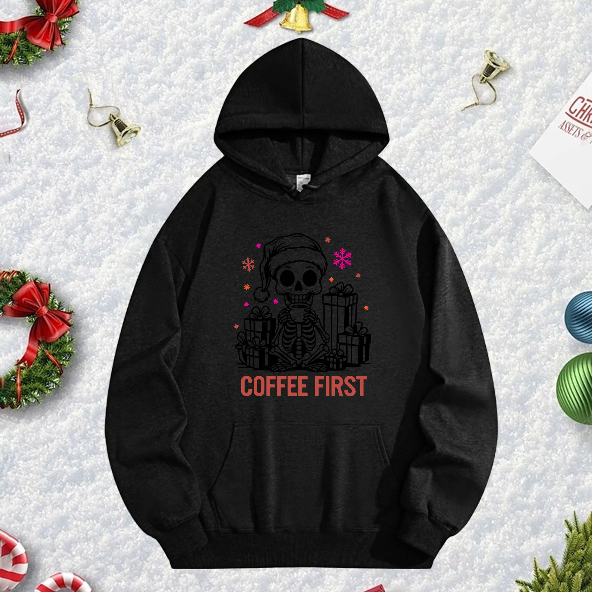 

Рождественская черная толстовка Coffee First 270 г для мужчин и женщин, уютный флисовый пуловер большого размера на осень/зиму, Рождество, Новый год