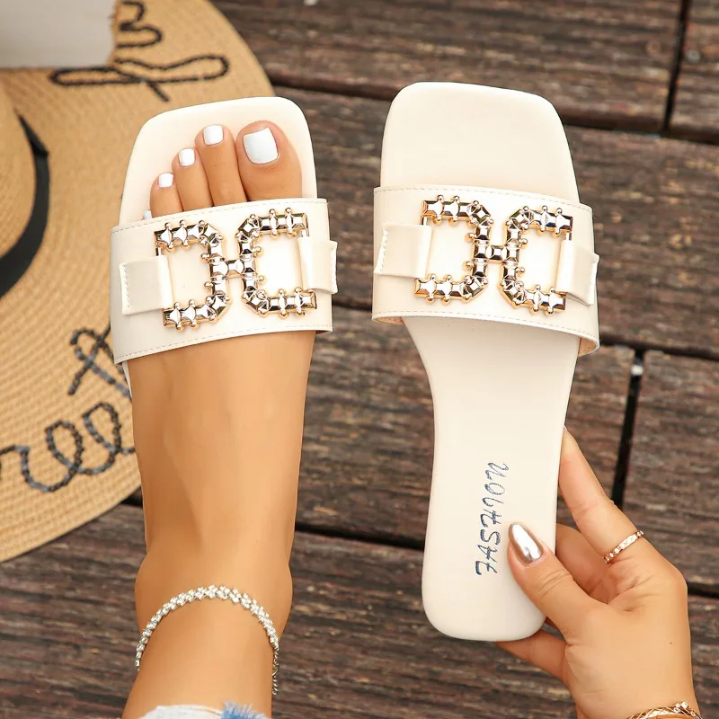 Summer New Women's Fashion Casual Slippers Metal Buckle Sandals Square Head Shoes Women Sexy Slip on Slippers Slides Women