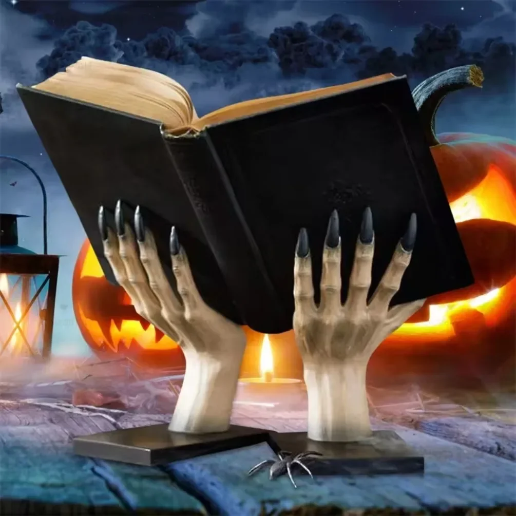Halloween Hand Book Stand Resin Statue Bookshelf Scary Party Tabletop Home Decoration Witch Book Holder Bookcase Bedroom Desk