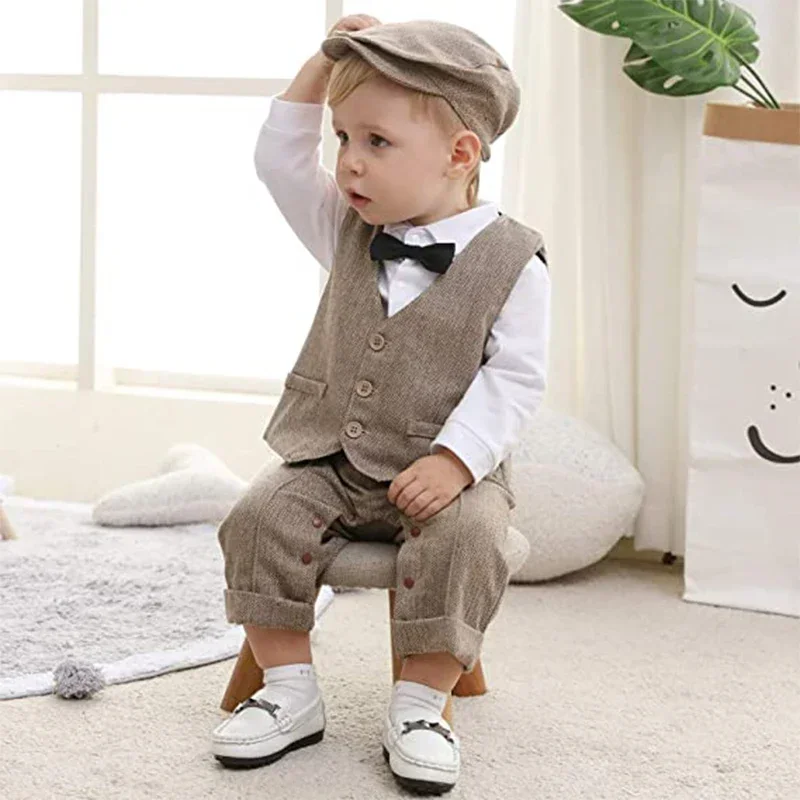 

Newborn Boy Formal Clothes Set Infant Boy Gentleman Birthday Romper Outfit With Hat Vest Long Sleeve Infant Jumpsuit Suit Formal