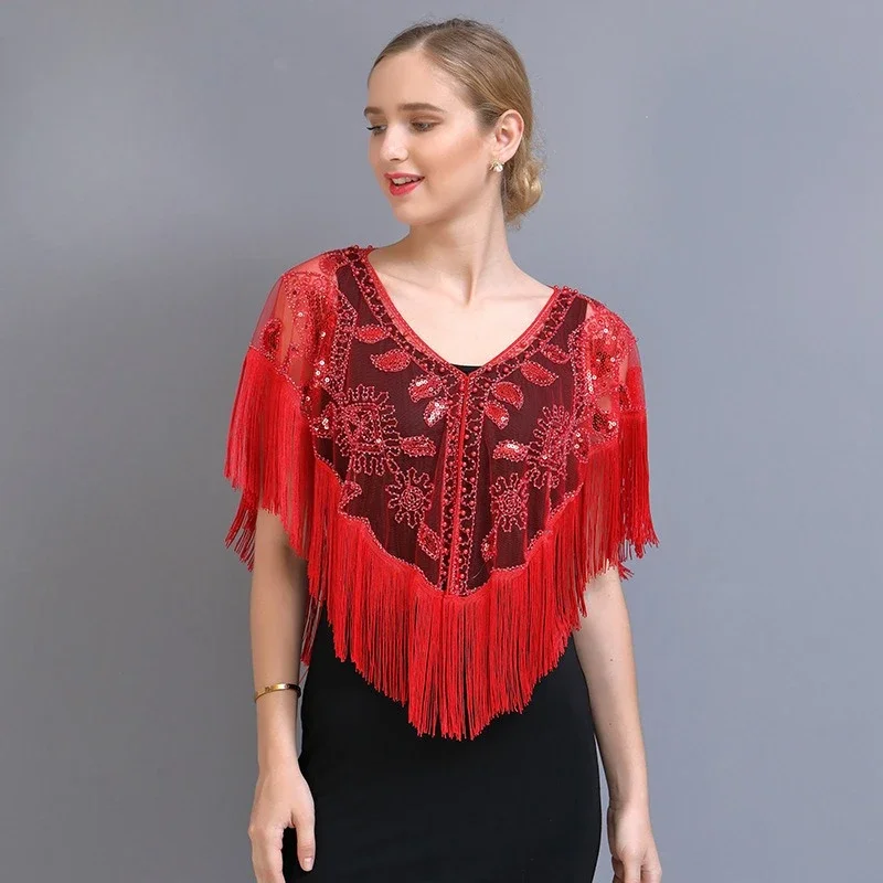 Bolero corto con flecos, capa de lentejuelas de los años 20, vestido de fiesta de Gatsby, capa de hombro Qipao china