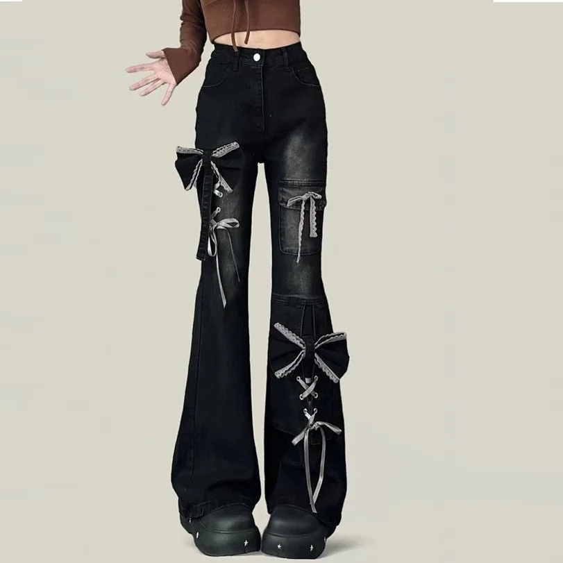 

CHICATWILL Trendy Bootcut Denim Jeans For Women Japan Style Cute Bowtie Lacing Flared Pants Long Slim Skinny Trousers Black