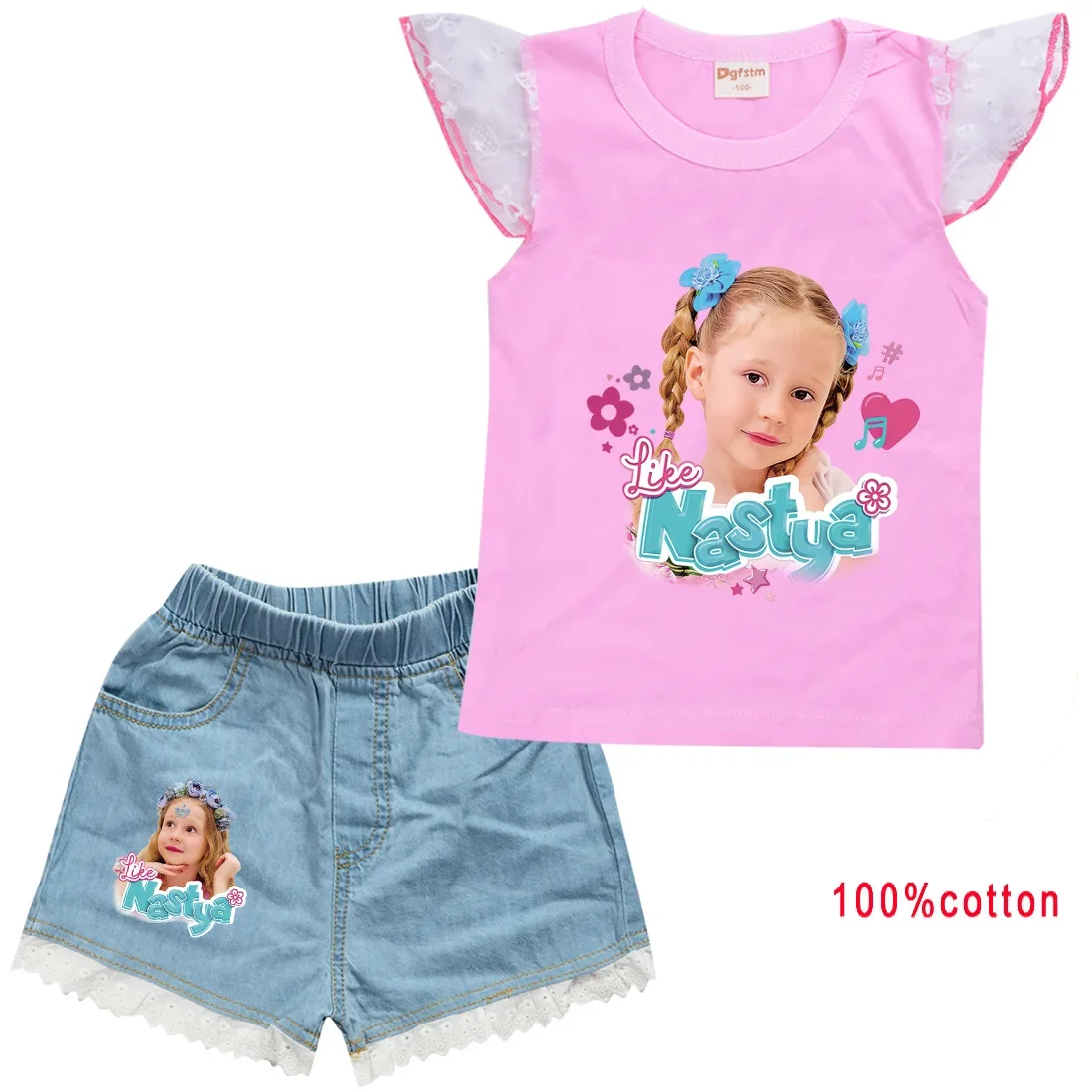 

Like Nastya Costume Kids Summer Outfits Baby Girls Cotton Sleeveless T-shirt+denim Shorts 2 Piece Set Children's Clothing Sets