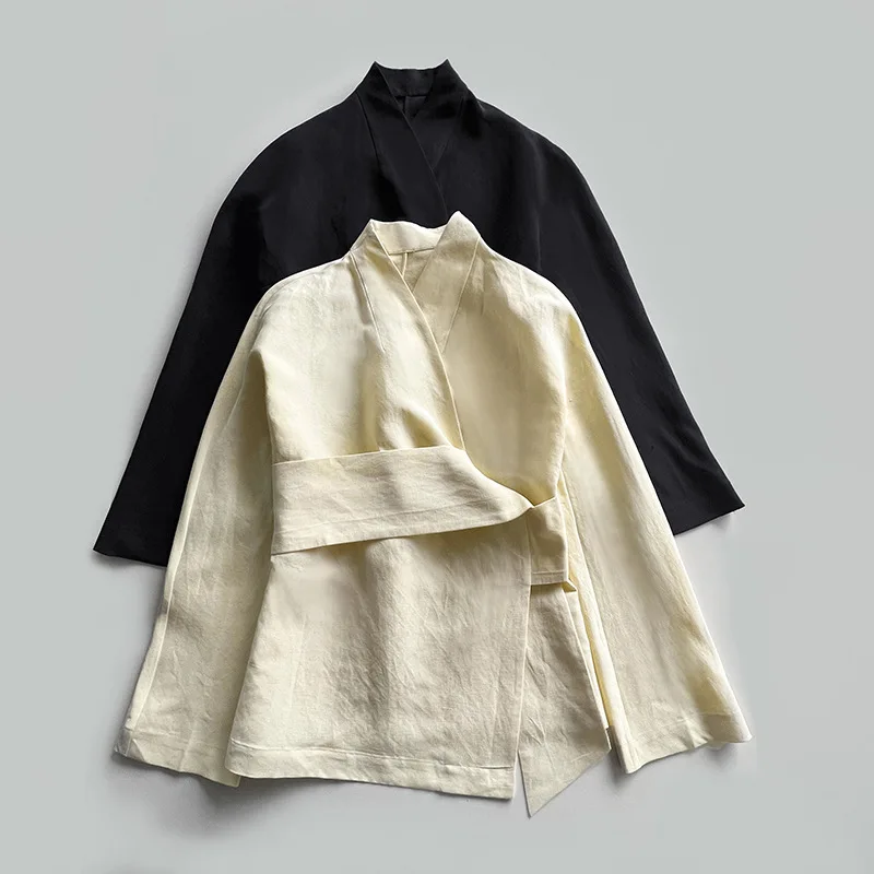 

2025 Early Autumn Niche Design V-Neck Silk And Linen Tie-Up Long-Sleeved Top
