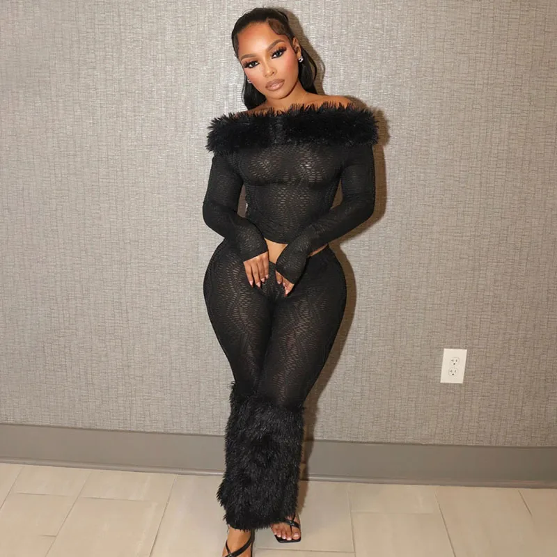 

Sexy Black Knit Hollow Out Feather Mesh Sheer 2 Piece Set Womens Outfits Long Sleeve Slash Neck Crop Top and Pants Matching Sets