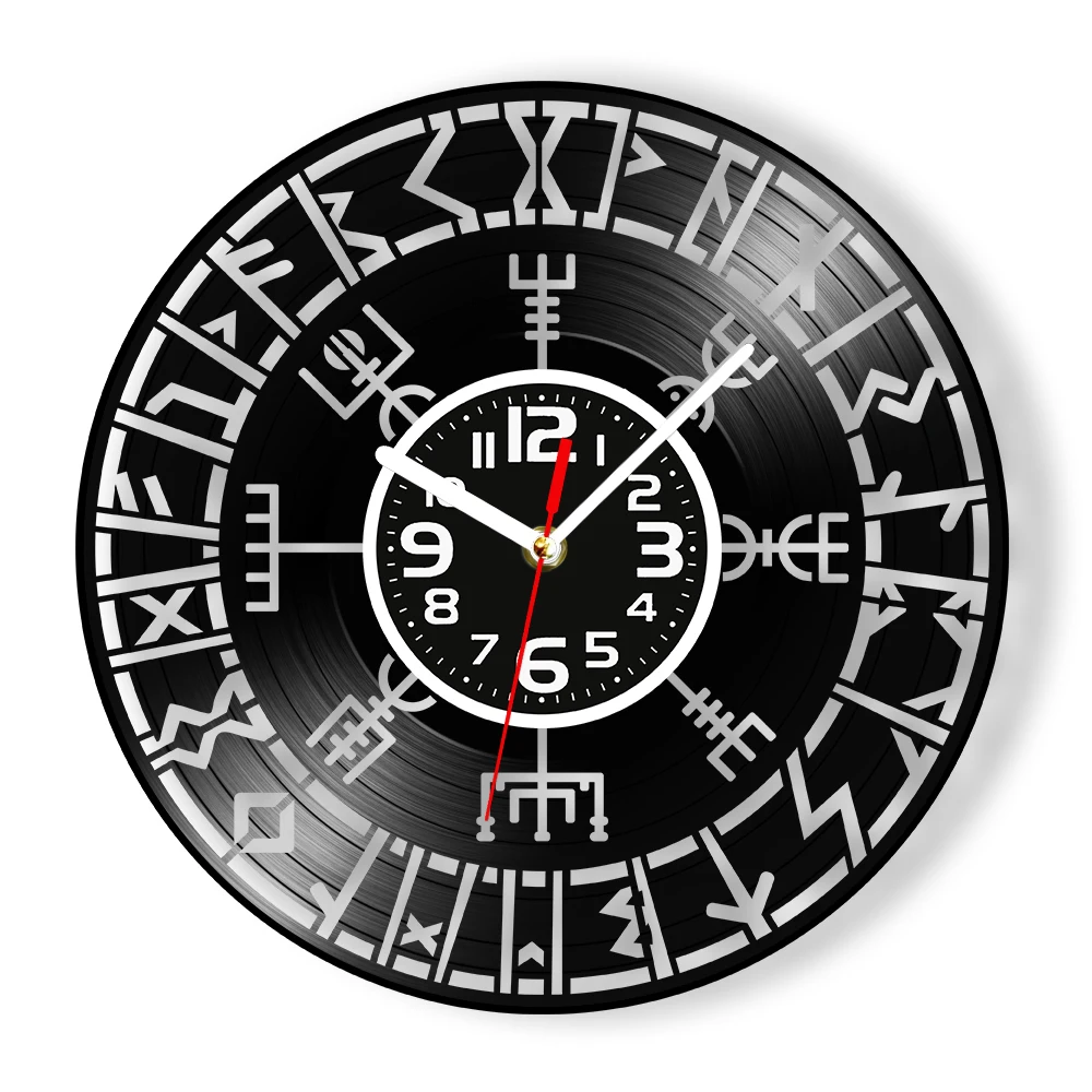 Viking Rune Norse Nordic Vinyl Record Wall Clock Runic Symbol Retro Home Decor Nordic Mythology Vibe Silent Quartz Wall Clock