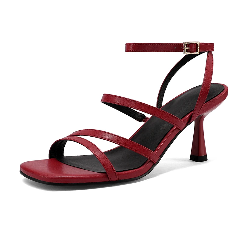 Women's Ankle Strap High Heel Sandals - Red Buckle Party Shoes