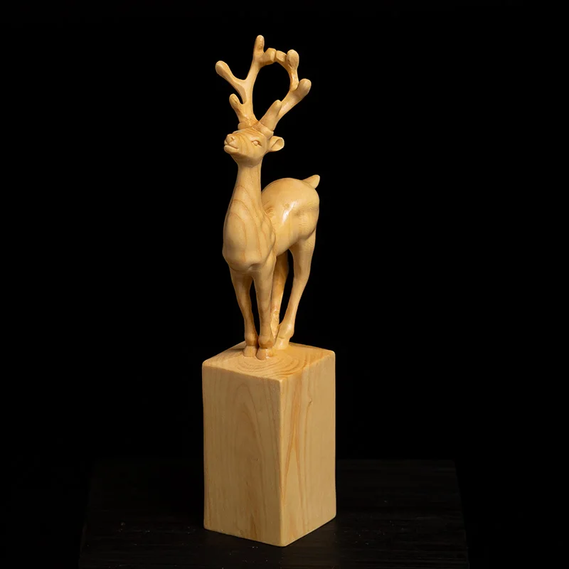 XS213-11CM Hand Carved Boxwood Carving Figurine Elk Statue Home Decor -Animal deer Sculpture