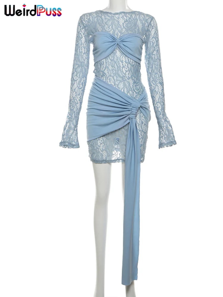 Rare Puss Jurk Met Onregelmatige Print Vrouwen Herfsttrend Sexy Doorzichtig Met Veters En Ruches Manchet Met Kwastje Stretch Night-Out Feestkleding