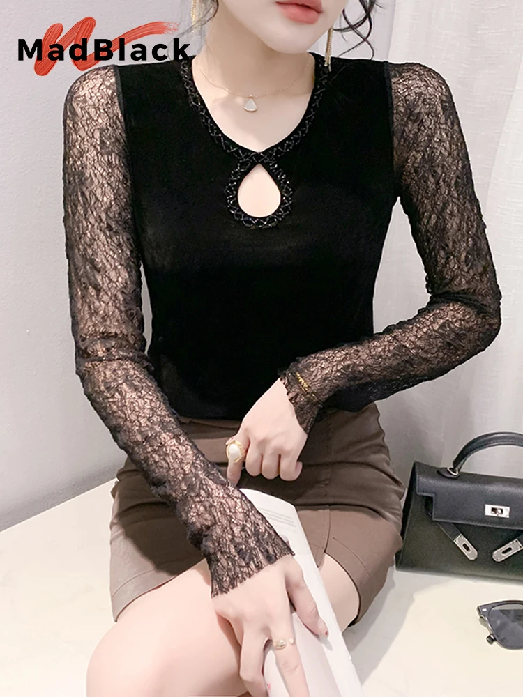 

MadBlack-Women European Velvet T-Shirt, Sexy O Neck Beading Lace, Streetwear Long Sleeve Slim M-3XL Tee, 2025 Autumn T59463CC