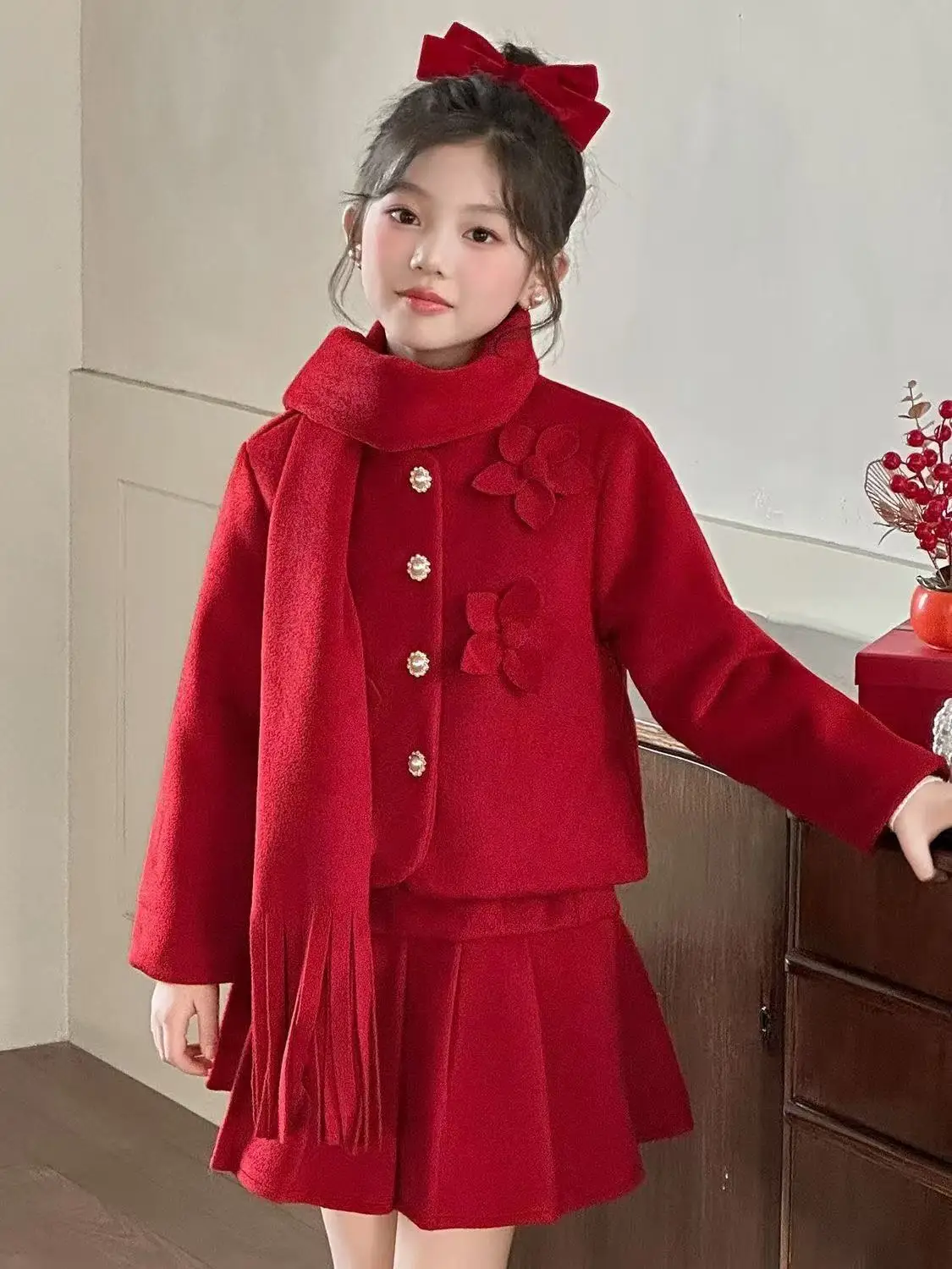 Winter New Children's Clothing Set Flower-patterned Woolen Coat for Girls and Two-piece Pleated Skirt Children 120-170cm