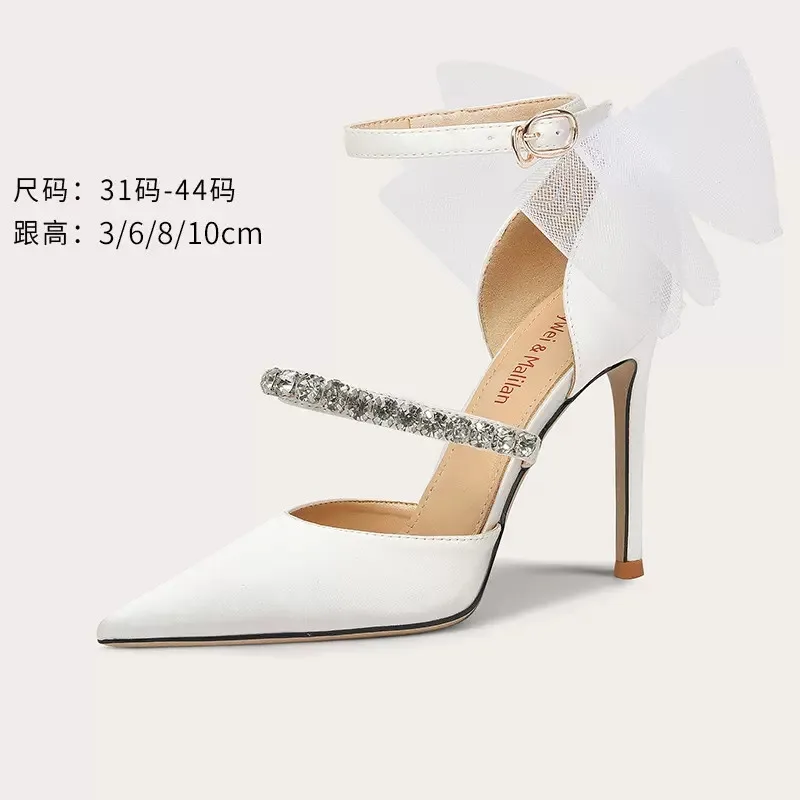 

Spring and Summer Pointed Satin Rhinestone Mesh Butterfly Wedding Shoes Slim High Heel Party Dress Large and Small Women Sandals