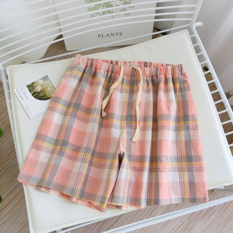 

Summer Thin Washed Cotton Women's Shorts Casual Plaid Loose Home Pants Elastic Waist Pocket Sleep Bottoms Lounge Wear