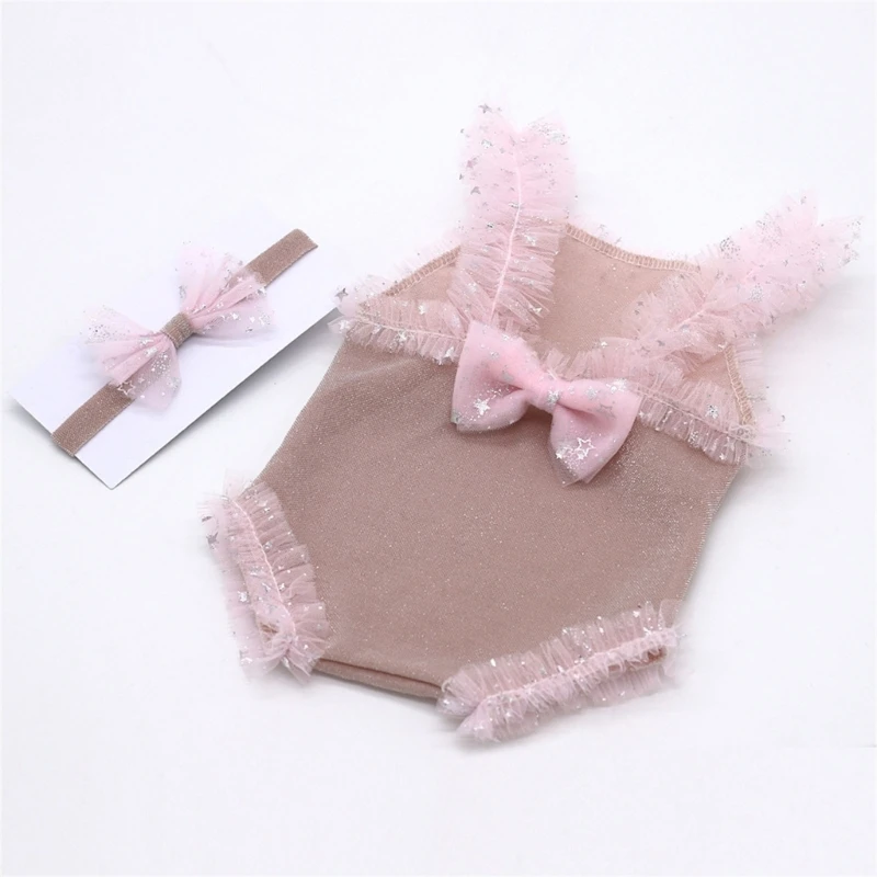 

2PCS Newborn Photo Props Lace Romper Bowknot Headband Photo Outfit Baby Girls Photo Costume Infant Photography Bodysuit