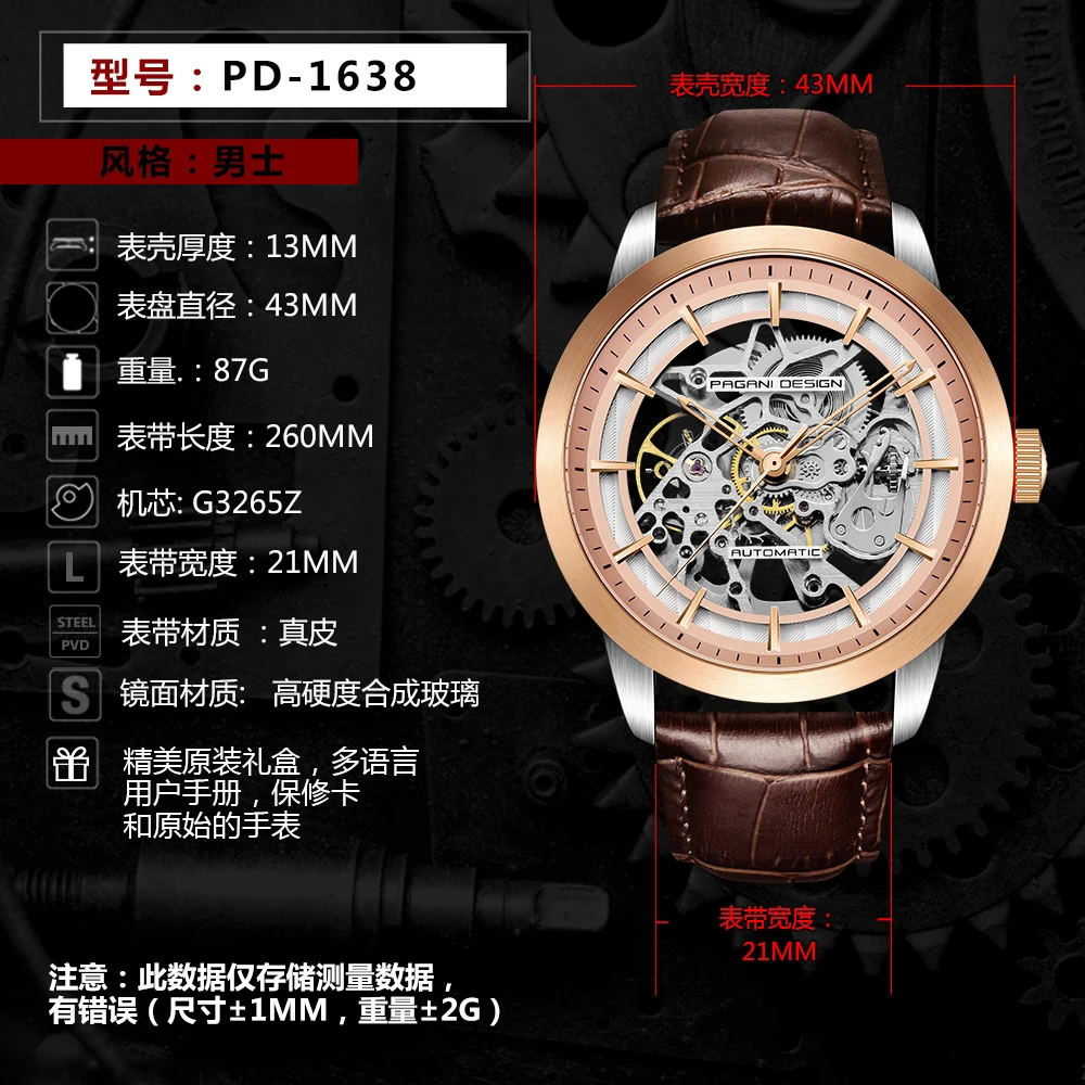 Pagani Design PD-1638 Men's Automatic Mechanical Watch Luminous High-Strength Mineral Glass Waterproof Sports Wristwatch Hollow view 2
