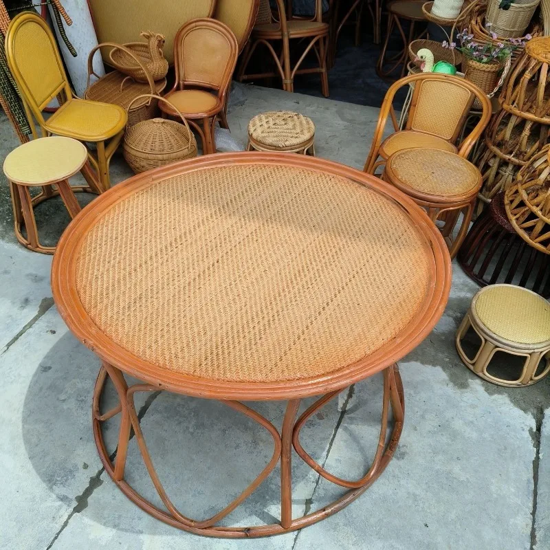 Handwoven Rattan Table, Natural Fiber Coffee Table for Dining Room, Boho Home Decor, Solid Indoor Outdoor Tea Table with Storage