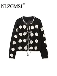 TRAF 2024 Knitted Cardigan Jacket Women's Autumn Winter Casual Loose Three-dimensional Crochet Bow Tie Up Sweater