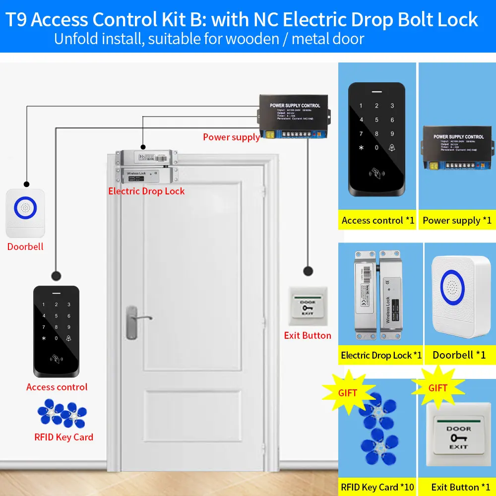 T9 Access Control System Set IP67 Waterproof Access Control Kit Touch Keypad +RFID EM Card+ Magnetic Door Lock +12V Power Supply