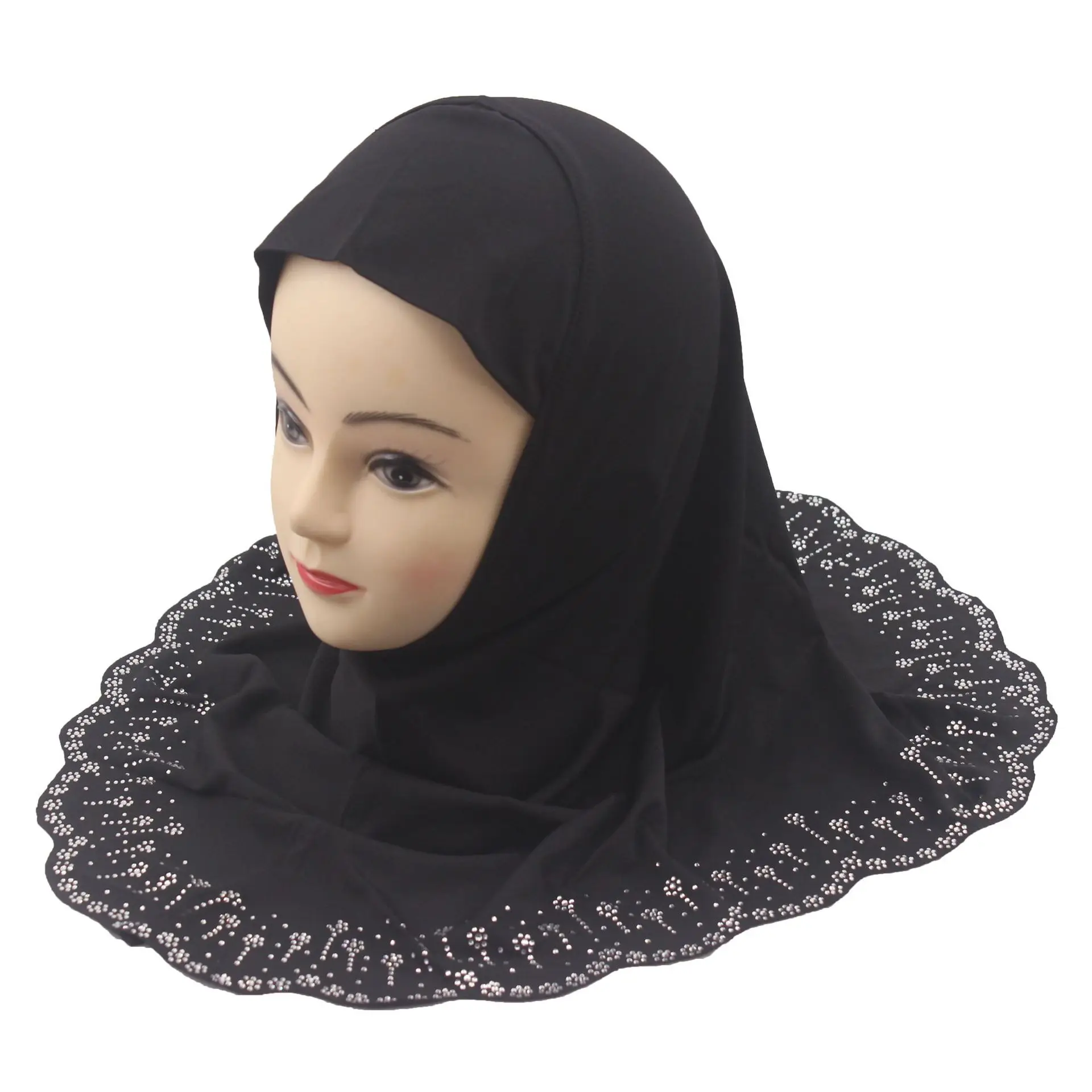 Big Girls Hijab Diamonds Headscarf Muslim Instant Scarf Head Wrap Turban Arabic Amira Pull On Ready Made To Wear Headwear 7-12Y