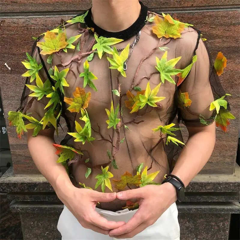 2026 Male Tops Tee Sexy Lace Tshirt For Male Transparent Funny T Shirts See Through Mesh T Shirt Homme Club Party Prom Chemise