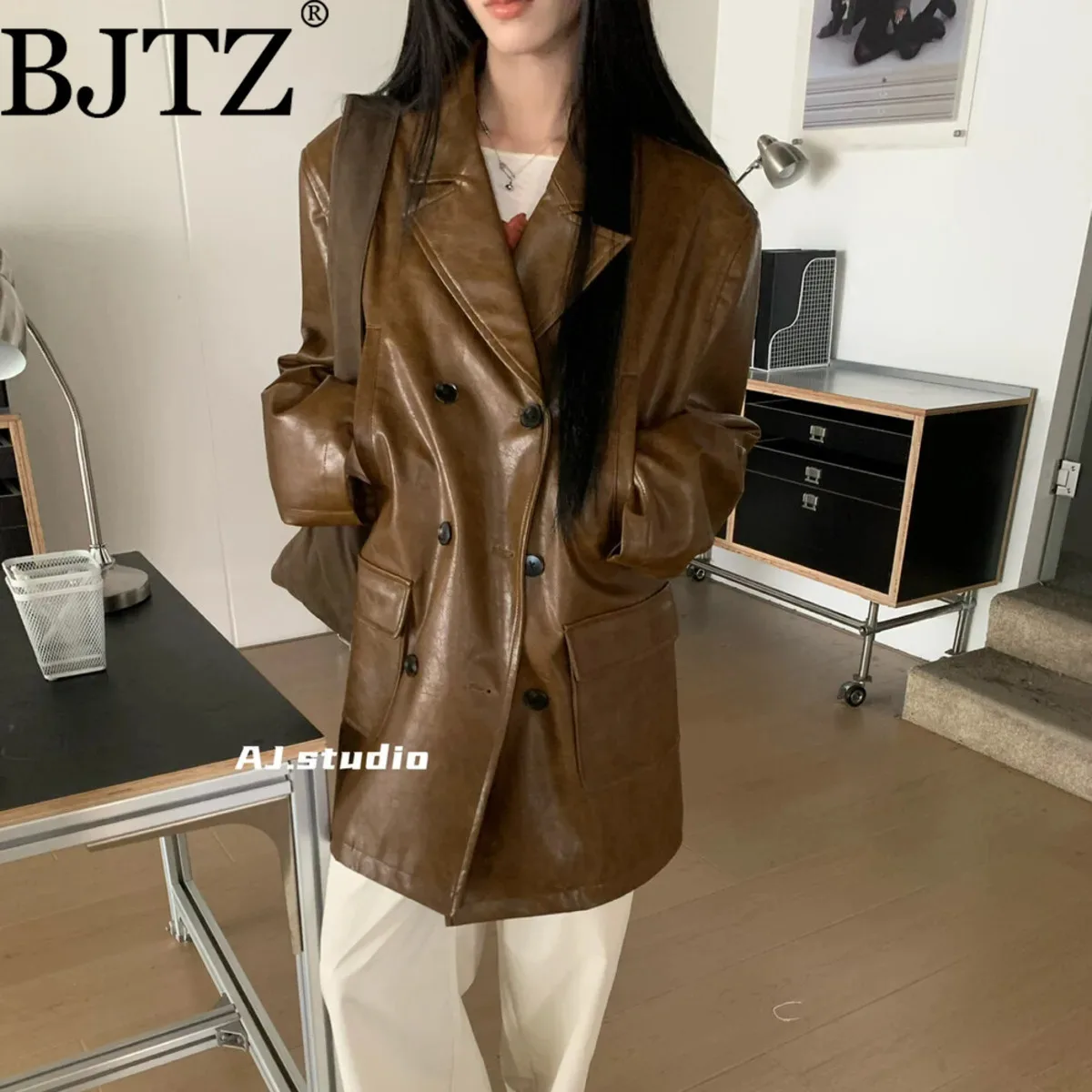 

BJTZ, новинка 2025, двубортная кожаная куртка, текстурированное пальто премиум-класса, весна-осень, винтажная классическая модная верхняя одежда