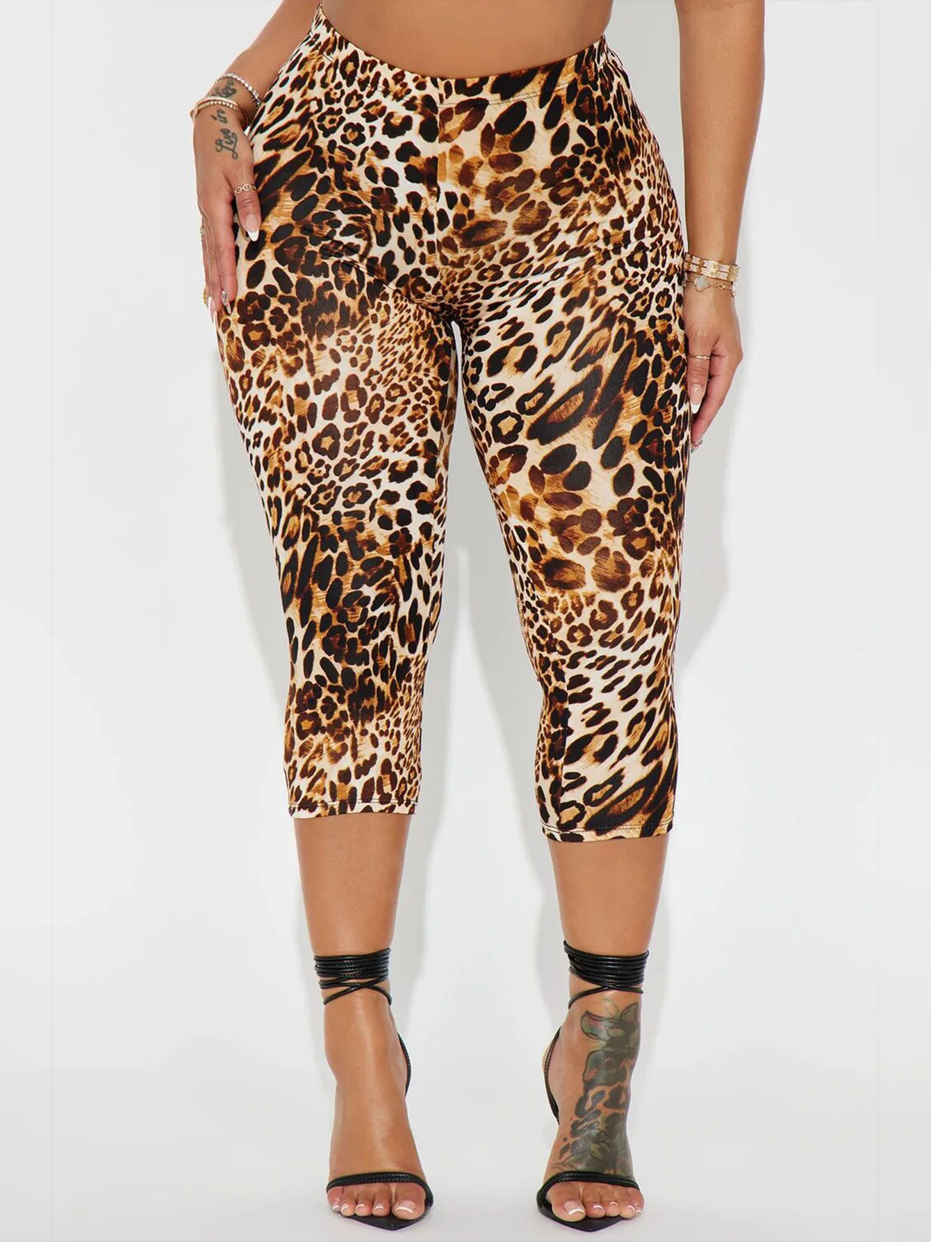FDYOUI Leopard Print Knee-length Leggings Women Sexy Fitness Sports Yoga Tights Short Pants Streetwear Y2K Female Black Trousers