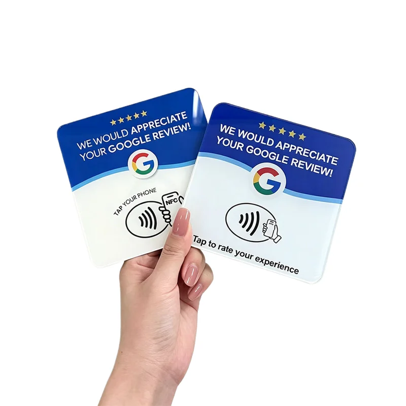 12cm Acrylic Google Review NFC Tap Card NFC 215 Chip Multi-Language Programmable Self-Adhesive Table Sign Tap to Leave Review