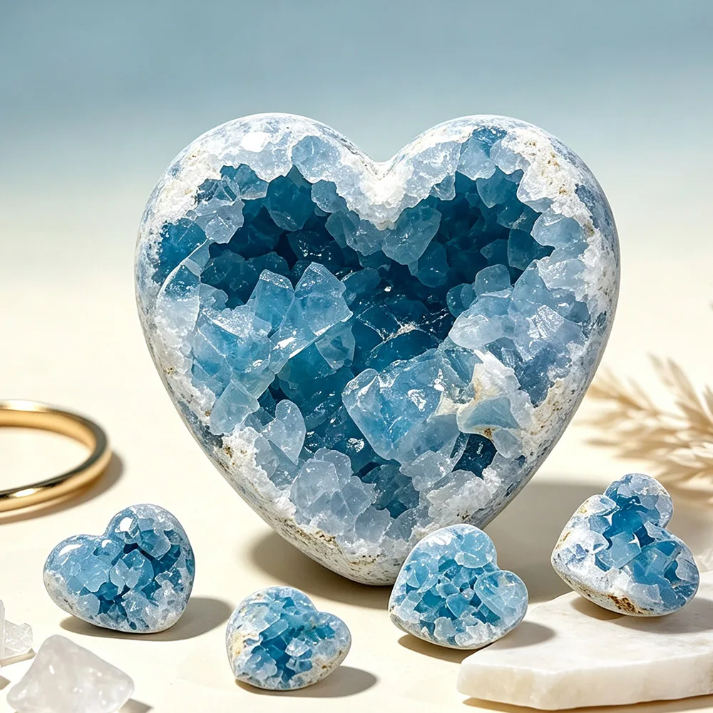 Natural Blue Celestite Geode Heart Drop Egg Mineral Specimen Raw Crystal Desktop Decor Meditation Collection Gift