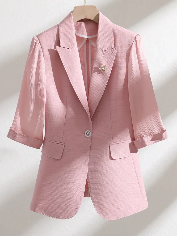 Summer Spring Female Blazer Women Beige Green Pink Half Sleeve Office Ladies Business Work Wear Formal Jacket Coat