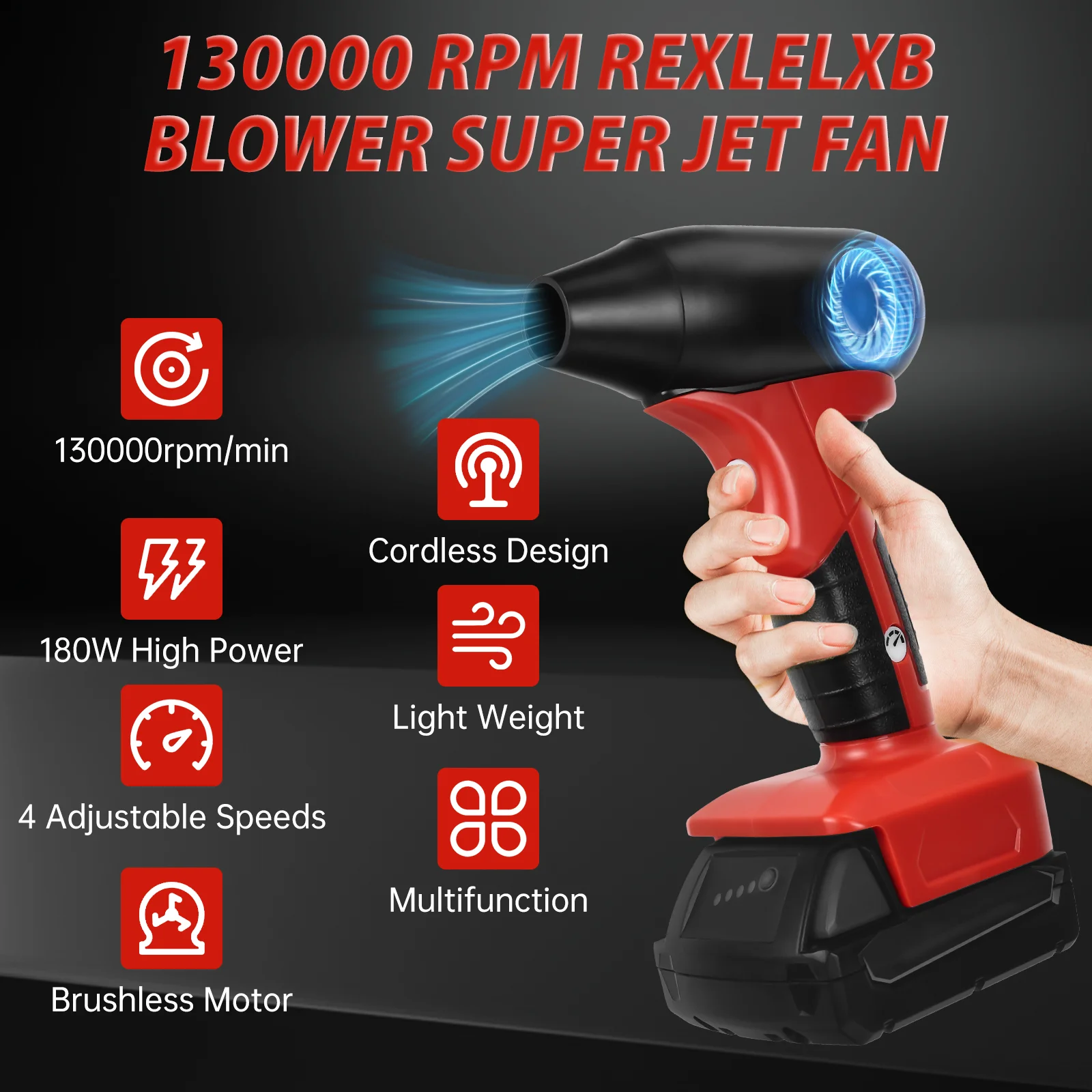 Brushless Jet Blower 130000RPM Violent Turbo Fan 4-Speed Wireless Handheld Air Blower for Milwaukee 18V Battery (No Battery)