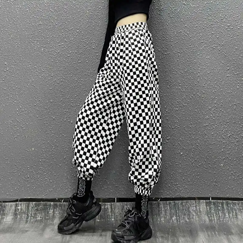 Checker Plaid Waistband Jogger Pant Women Fleece Sweatpant Baggy Wide Leg Fall Autumn Spring Harajuku Kpop Tracksuit Clothes y2k