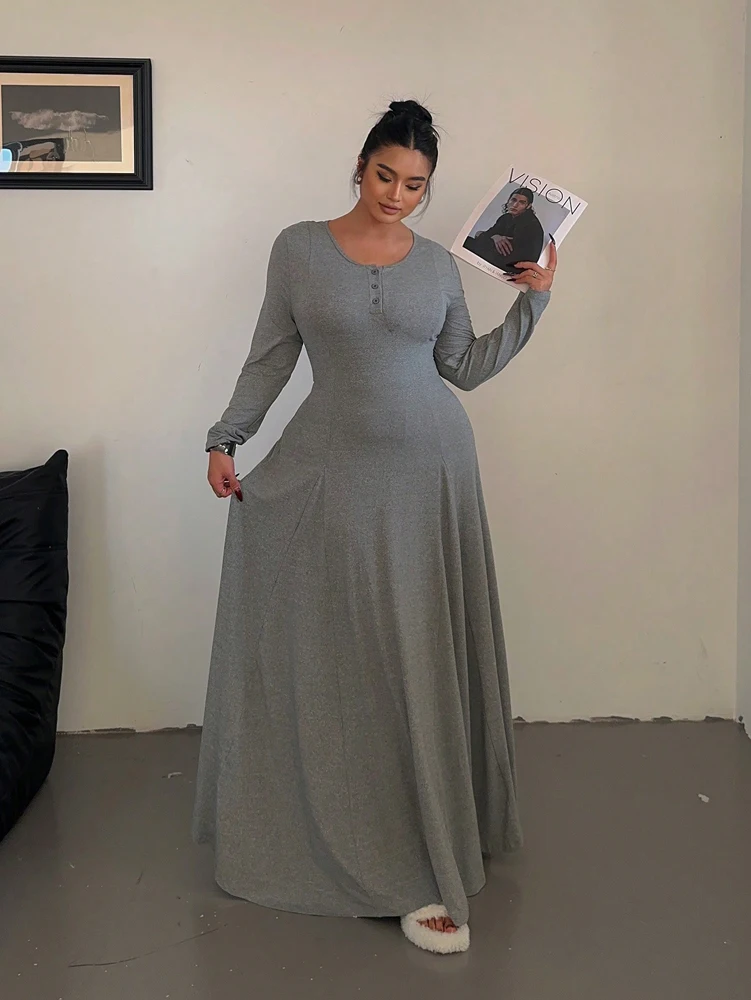 Übergröße Einfarbiges Strick-Elegantes A-Linien Fließendes Maxikleid |   Damenkleid in Langer Ausführung |   Lässiger & Pendler-Stil