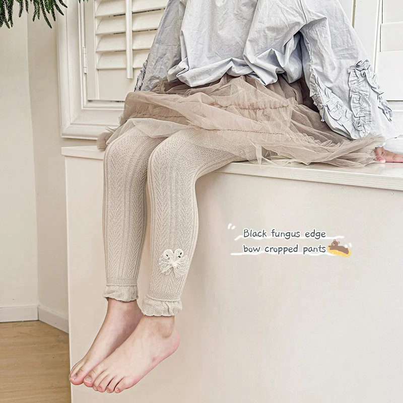 Sweetie Girls Floral Print Bow Knot Lace Trim Cropped Trousers Spring Summer Soft Cotton leggings nine-point Pants for Children