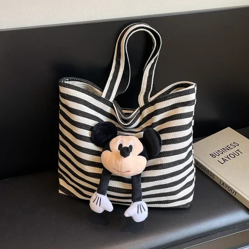 Gestreifte Canvas-Umhängetasche für Damen, süße Tragetasche, Minnie-Handtasche, Disney Mickey Mouse, Schwarz und Weiß, Einkaufen