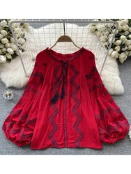 Spring Autumn women's embroidered long sleeved blouse ethnic style Lace up loose casual top D2546