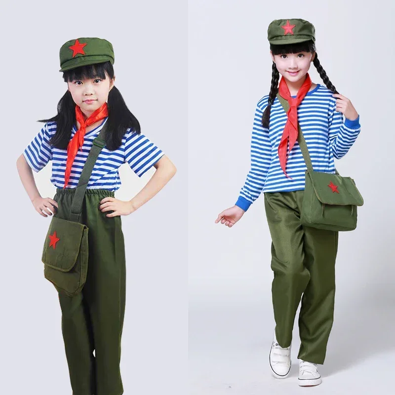 Military Uniform Chinese Red Army Costume for Children Scouting Uniforms Stage Performance (Top + Pants +red Scarf + Hat + Bag)